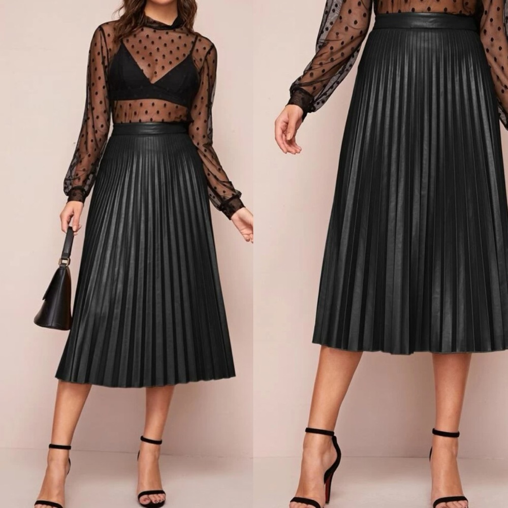 Black  pleated vegan leather midi skirt